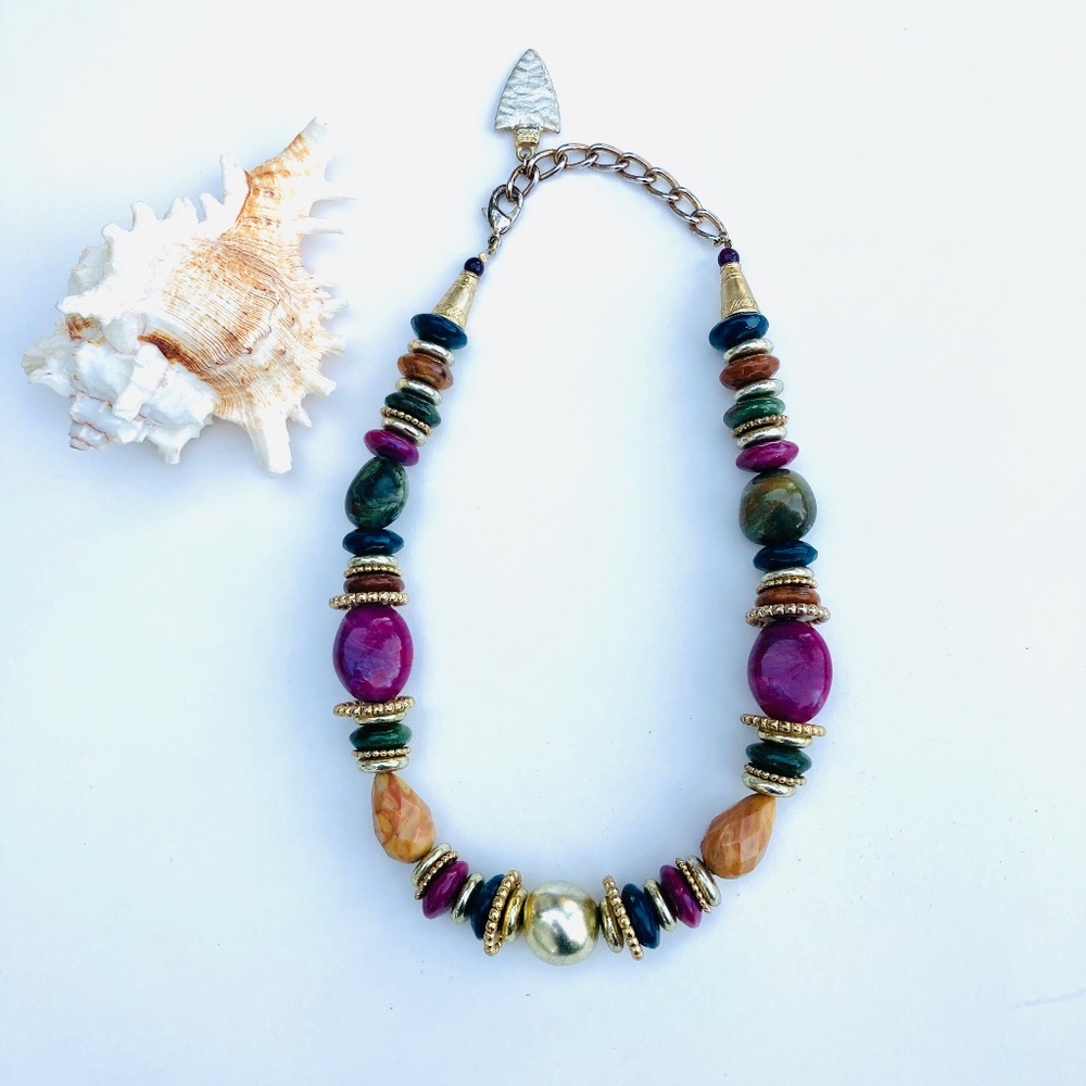 Vintage Tribal Big Statement Dyed Agate Beaded Necklace Chunky Stone 20”  Large
